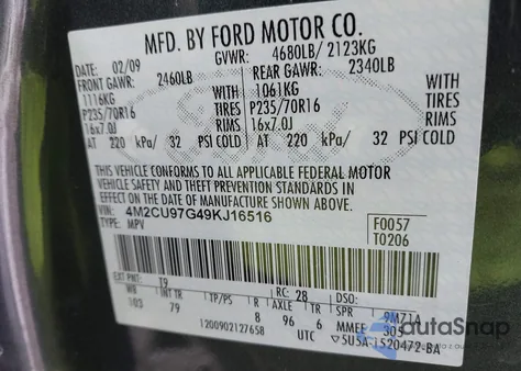 2009 Mercury Mariner Premier V6 from USA, damaged, VIN 4M2CU97G49KJ16516